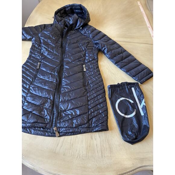 Black Puffer Down Winter Jacket Long Packable Quilted womens L Calvin Klein Y2K - Picture 7 of 16